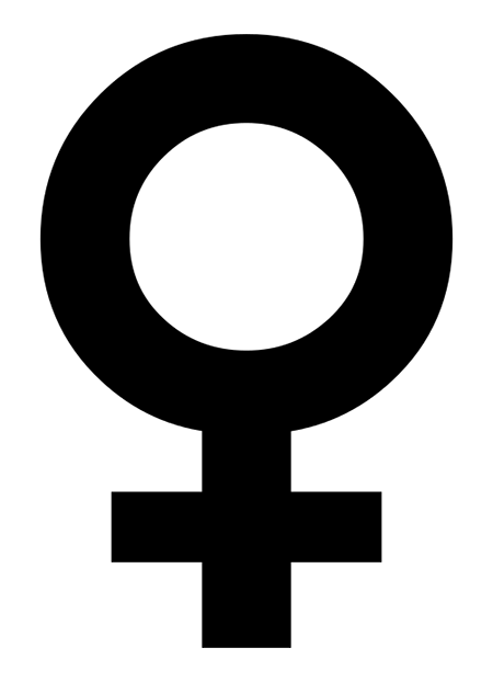 A bold, black symbol of the Roman goddess Venus, used to represent the female sex in biology.