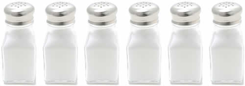 Photograph of 6 basic salt shakers in a horizontal row.