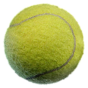 Photograph of a bright yellow tennis ball, isolated on white. Tennis balls are effective self-massage tools.