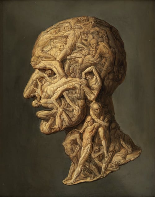 The head of a man composed of writhing nude figures. Oil painting by F. Balbi.