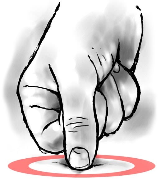 Illustration of a thumb pressing downwards on a trigger point.