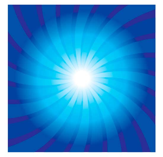 Abstract image that looks like a white sun in a dark blue sky emitting about a dozen slightly curved rays that extend all the way out to the edge of the image. It looks a little like a turbine, but the main impression it gives is of radiating energy.
