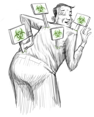 Illustration of a man with back pain, presumably, slightly stooped over, with four signs sticking out of his back. The signs have green biohazard symbols on them, indicating the presence of toxic tissue or trigger points at those locations
