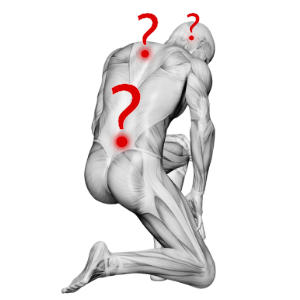 Stretching for trigger points, represented by a B&W illustration of a dissected man kneeling, with several hot glowing red points on his back that are also the periods in prominent red question marks.