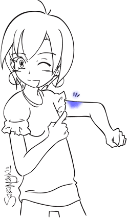 Drawing of a girl in the anime style pointing to a large bruise on her arm and winking.