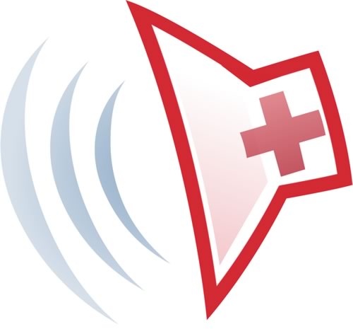 Stylized drawing representing ultrasound: a loudspeaker symbol with a red cross on it.