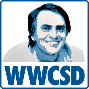 Stylized image of Carl Sagan’s face captioned with the large, bold acronym “WWCSD”.