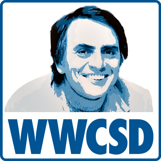 Stylized image of Carl Sagan’s face captioned with the large, bold acronym “WWCSD”.