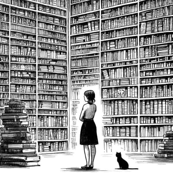 A pen and ink style editorial cartoon featuring a woman standing in front of towering, oversized bookshelves filled with an overwhelming number of books. The shelves seem to stretch endlessly, creating a sense of vastness. Amidst the numerous books, a cat is nestled comfortably, sleeping between the volumes. The woman stands thoughtfully, gazing at the impressive collection of books. The drawing is simple yet whimsical, with clean lines and exaggerated scale to emphasize the overwhelming number of books.
