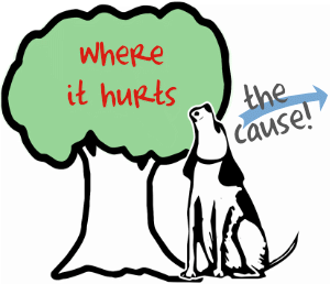 Illustration of a dog barking up the wrong tree, representing the clinical problem with referred pain. The tree is labelled “where it hurts.” Behind the dog, pointing away, is another label: “the cause.”
