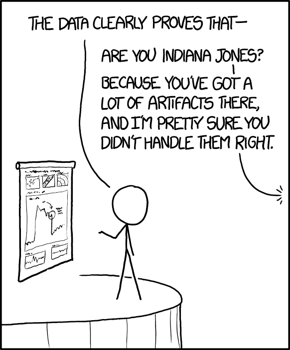 A single pane xkcd comic, with a stickman on a stage gesturing to a screen with graphs on it, starting to say “The data clearly proves that—” but then getting interrupted by a voice from an unseen audience member: “Are you Indiana Jones? Because youve got a lot of artifacts there, and I’m pretty sure you didn’t handle them right.”