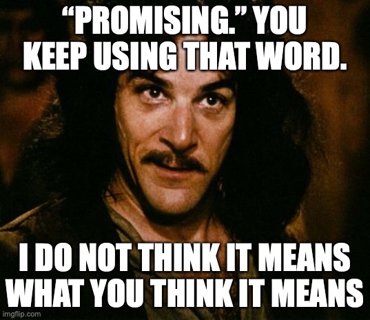 Meme of Inogo Montoya with caption: “Promising. You keep using that word. I do not think it means what you think it means.”